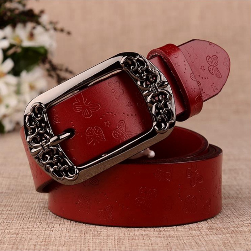Women's Belt ins Style Genuine Leather Versatile Pure Cowhide Red Fashionable Women's Belt for Jeans Decoration