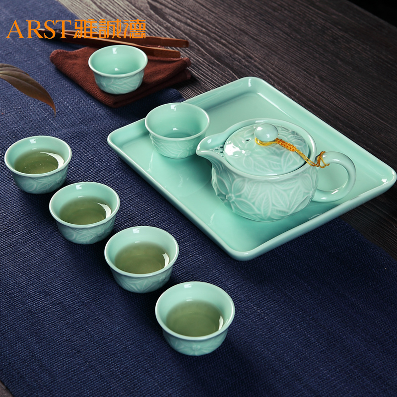 Ya cheng DE dazzle see eight pieces of a complete set of tea set under the glaze color glaze anaglyph longquan porcelain tea set a pot of six cups of tray