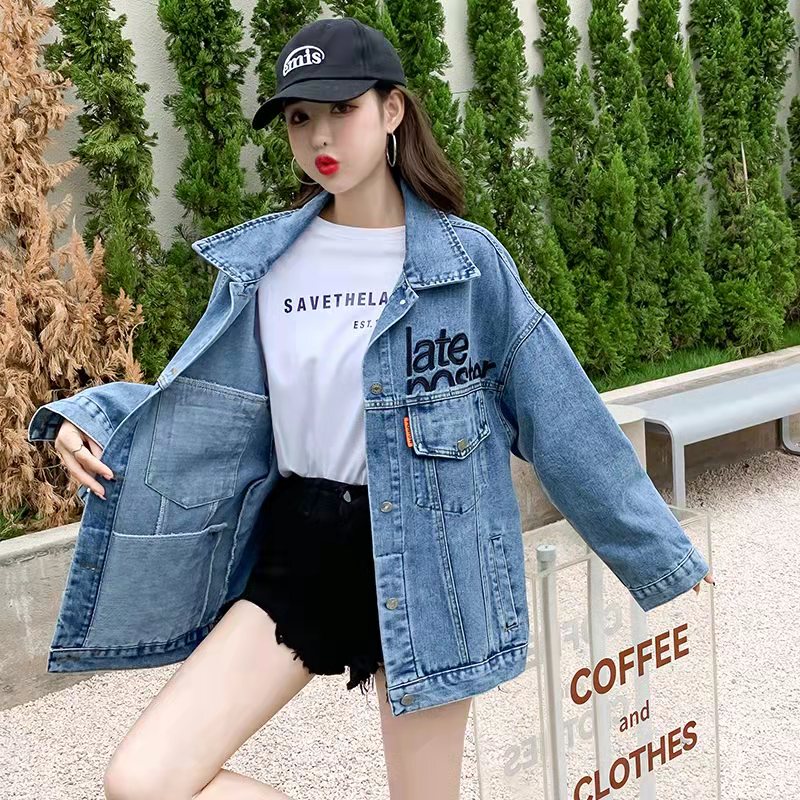 Women's Denim Short Jacket with Inner Pockets, Spring and Autumn 2022 New Style, Loose Fit, Slimming, Embroidered, Student Style, Slim Fit, Hidden Pocket Jacket