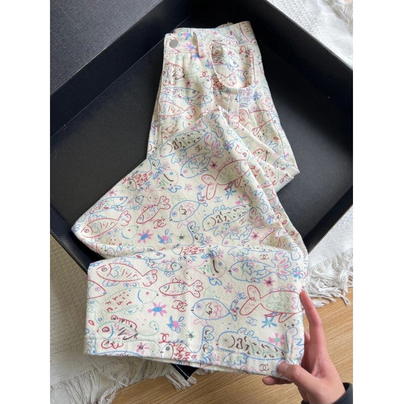 American High Street Printed Jeans for Women, Spring and Summer Wide-Leg Pants, 2025 New Style, This Year's Popular Casual Pants