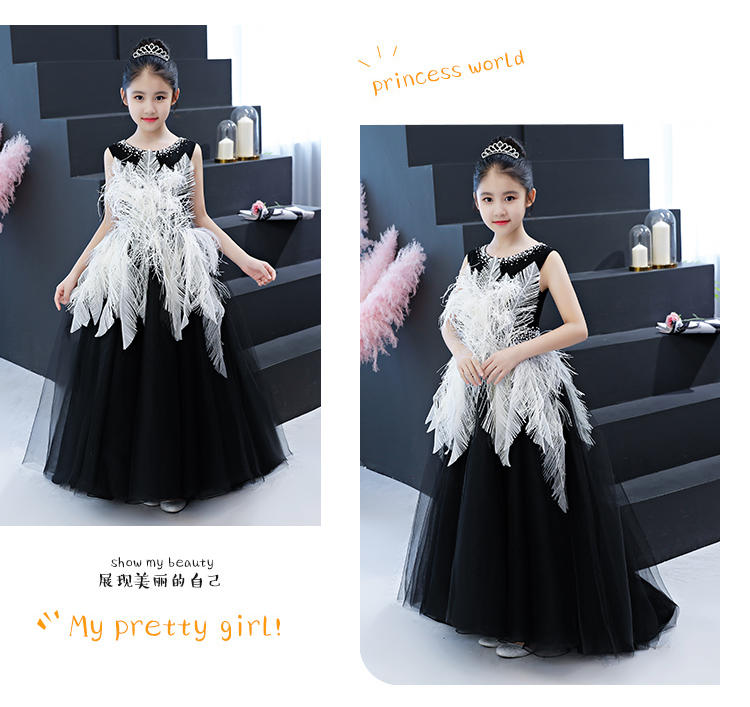 Đầm trẻ em váy dài màu đen catwalk trang phục cô gái chủ nhà buổi tối biểu diễn piano công chúa váy mùa đông váy dự tiệc trẻ em cao cấp