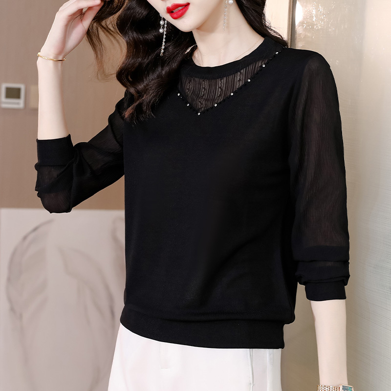 Fashionable High-End Black Long-Sleeved T-Shirt for Women, Spring and Autumn Lace Mesh Single-Layer Top, Stylish and Trendy Mom's Top