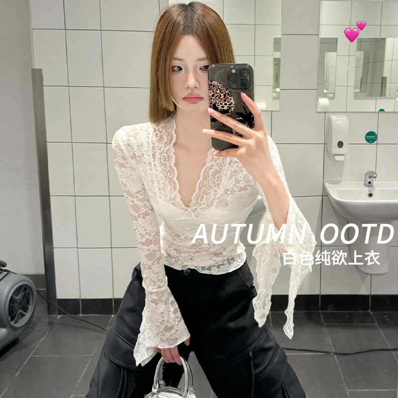 White Lace V-Neck Top for Women, Summer 2026 New Style, Spring and Autumn Long-Sleeve T-Shirt, Layered Wear, Pure Desire Hollow-Out Base Shirt