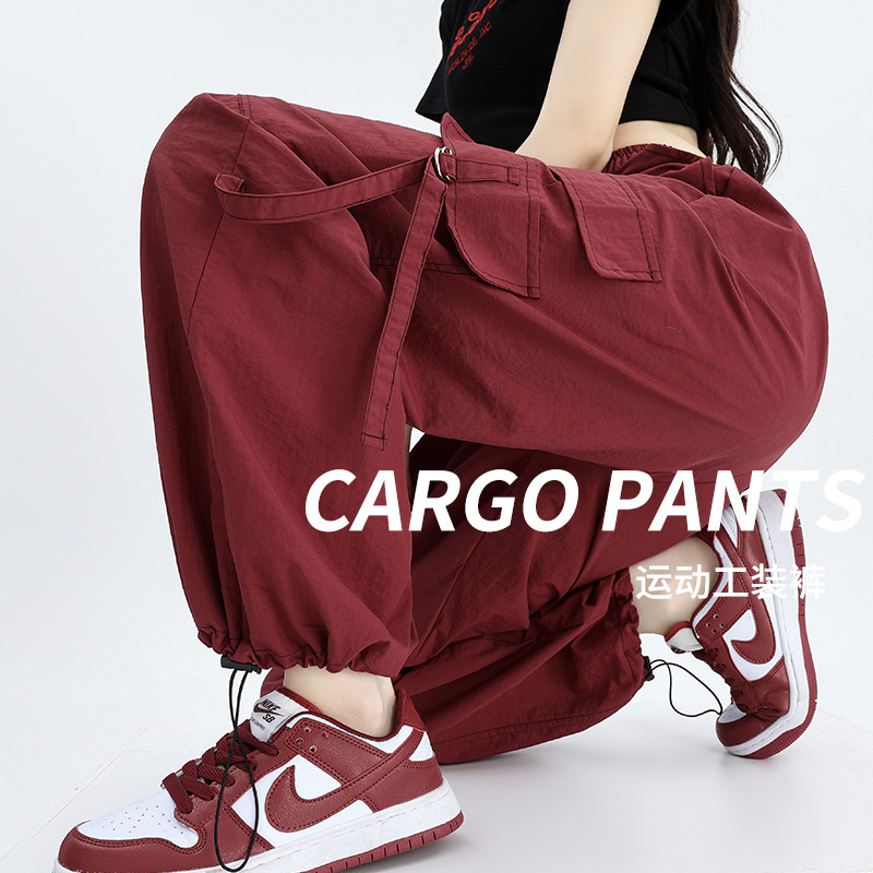 American-Style Red Work Pants for Women, Loose Fit, Jogger Style, High-Waisted, Slimming, Casual Wide-Leg Pants, Quick-Dry Sports Pants for Spring, Autumn, and Summer