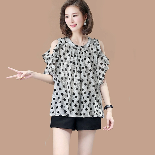 Tháng 9 Momo 2019 hè mới của phụ nữ quây polka dot áo sơ mi voan khâu xù áo sơ mi giản dị - Áo sơ mi chiffon ren