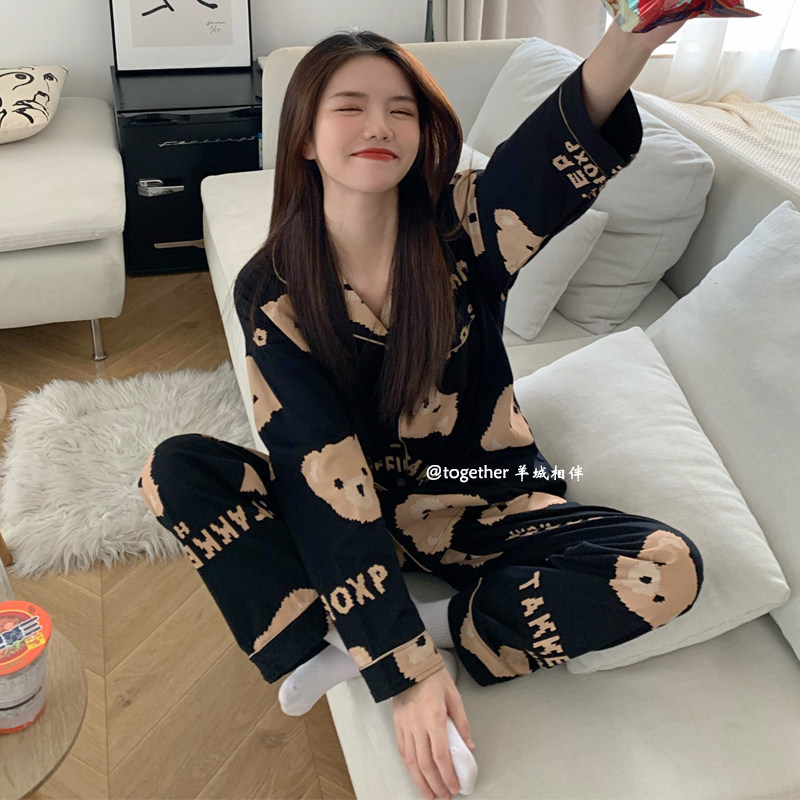 South Korean ins wind ~ soft cute bear babypyjamas spring autumn style pure cotton long sleeve cute couple turn over home ju clothes