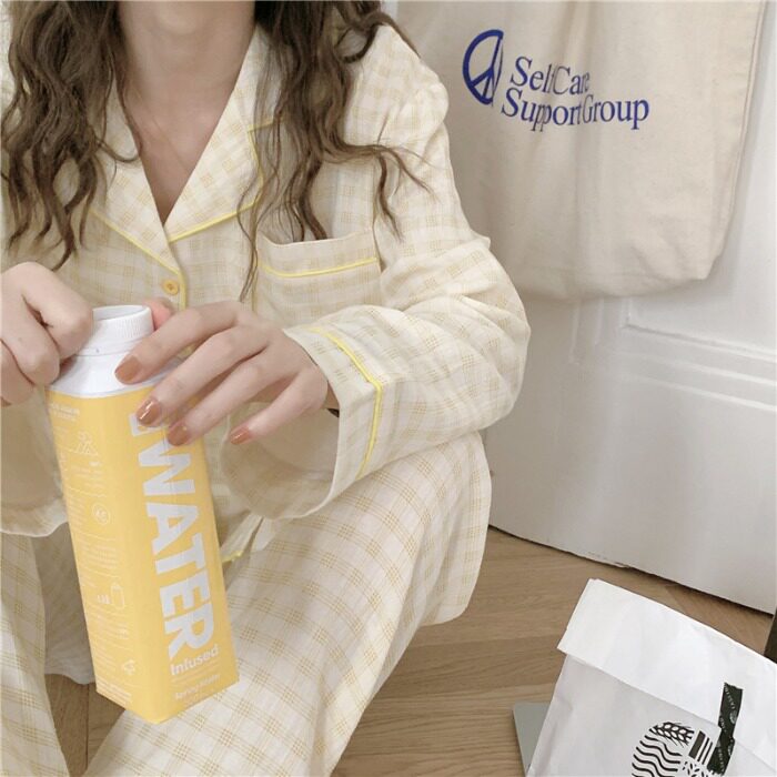 ins day department little fresher ~ obediently sweet and beautiful pyjamas women's spring autumn pure cotton ins plaid Korean version can be worn out of suit