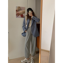 Knitted nine-point sports trousers womens 2020 Autumn New straight drawstring casual drawstring casual drawstring pants