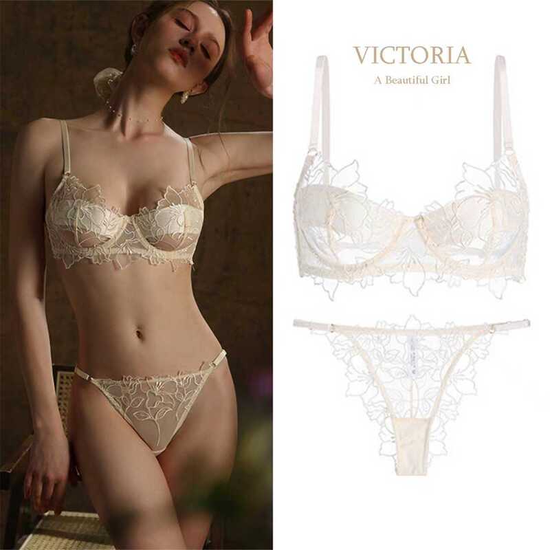 Victoria Sexy Bikini Underwear for Women, Ultra-Thin, Large Bust Minimizing Bra Set, Breathable Lace Push-Up Bra