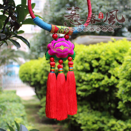 Peony National color small embroidered long stream Su necklace rubbing neckline item ring Ethnic wind handmade cloth Necklace Wool necklace