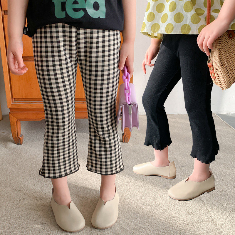 Girl Pants Summer Children Outside Wearing Thin section 90% Pants Spring Autumn Tight Body Horn Pants Pure Cotton Black Microlaid Pants