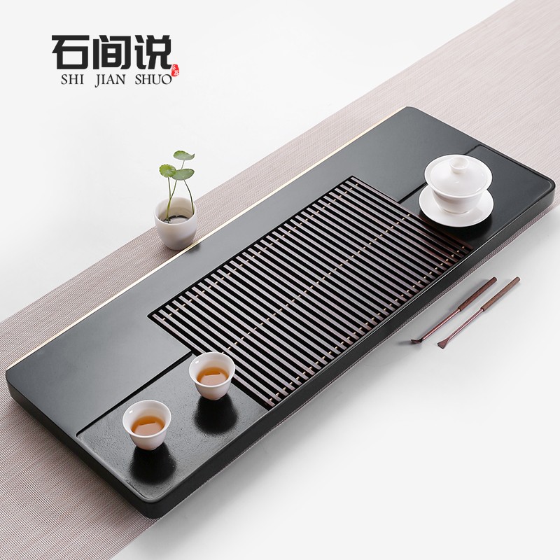 Natural black stone tea tray simple household inlaid ebony whole solid wood stone large tea table tea set sea tray