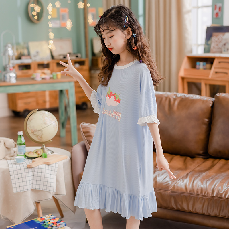 Girls nightdresses Summer children thin Princess home clothes parent-child mother and daughter air-conditioning clothes Girls big children short-sleeved pajamas