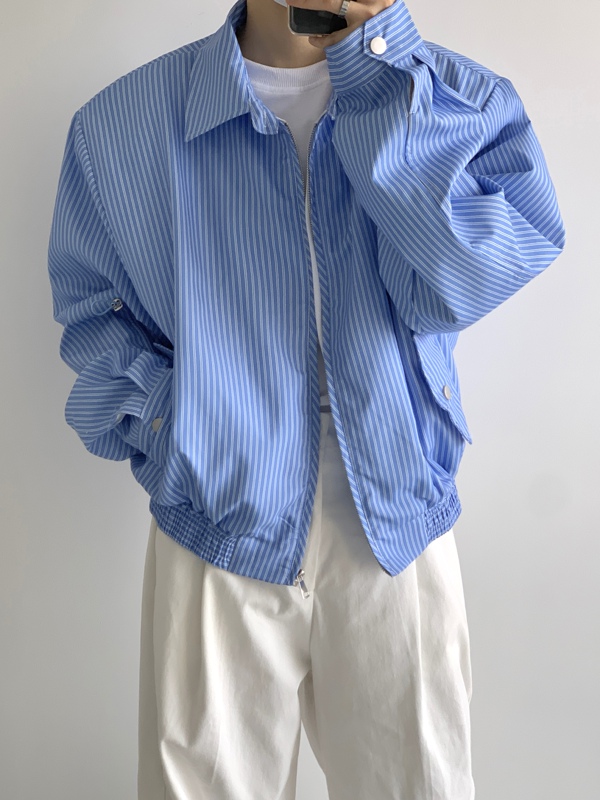 Retro Minimalist Blue Striped Shirt Japanese Niche Loose Short Padded Shoulder Casual Zipper Jacket for Men and Women