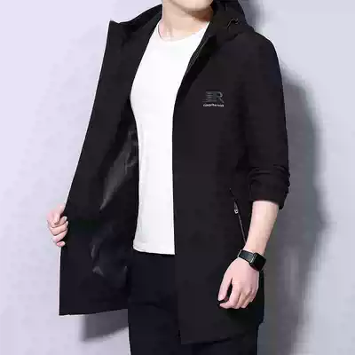 Spring and autumn windbreaker jacket men's medium and long version of the Korean version of the trend slim-fitting hooded high-end fashion business casual jacket men