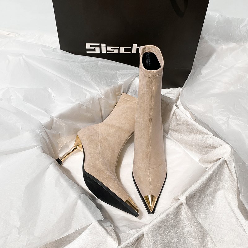 Xishi Metal Toe Apricot High Heel Ankle Boots for Women 2026 Autumn/Winter New Niche Design High Heel Slim Boots