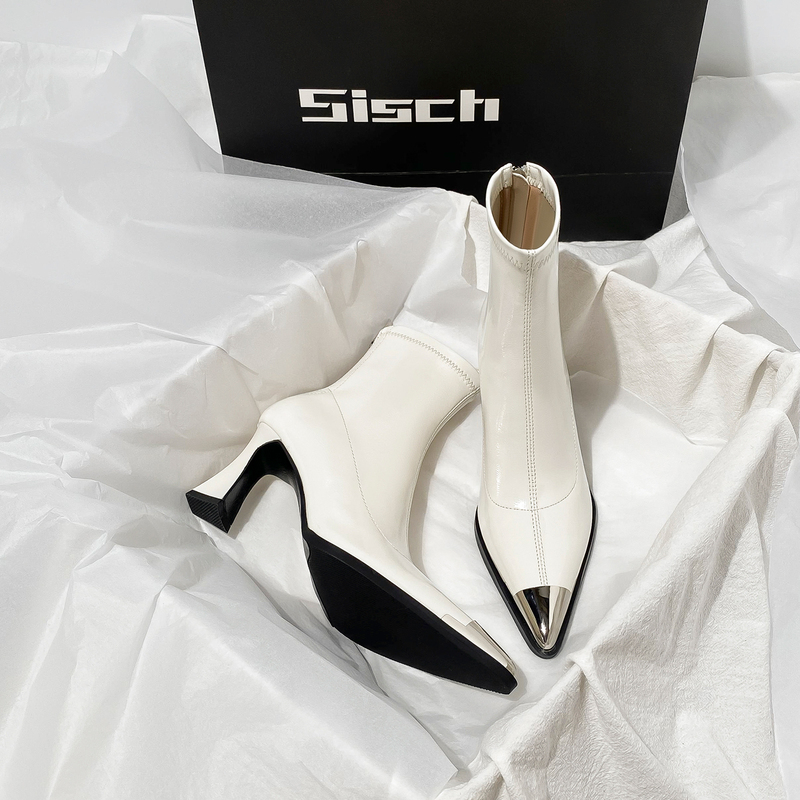 Xishi Metal~ Pointed Toe High Heel Stretch Slim Boots for Women 2026 New High-End White Short Boots for Women with Chunky Heels for Winter