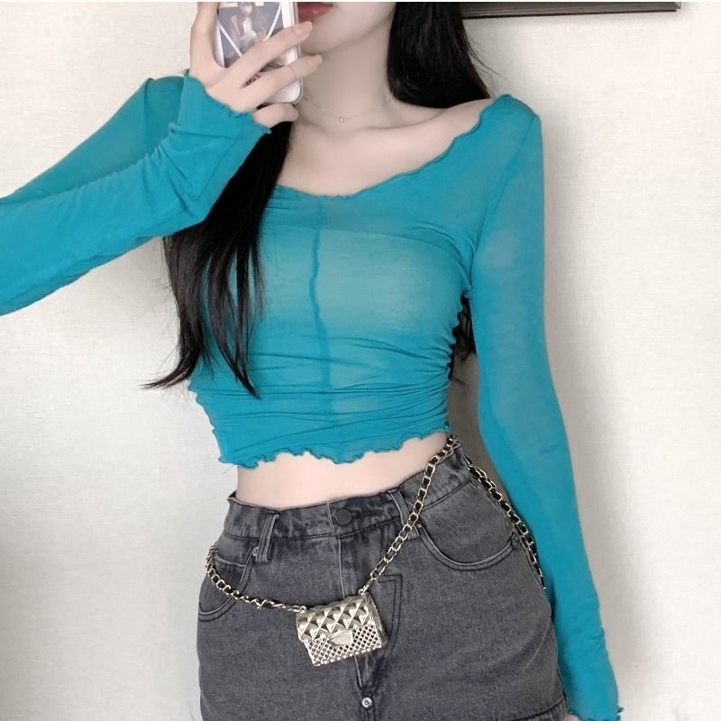 Sheer Sun Protection Clothing for Women, Summer Thin Cover-Up with Unique Design, High-Waisted, Cropped, Off-Shoulder, Long-Sleeved Top