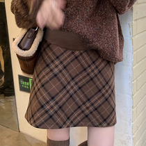 American maternity skirt autumn and winter plaid skirt woolen skirt hip-covering high-waisted retro skirt