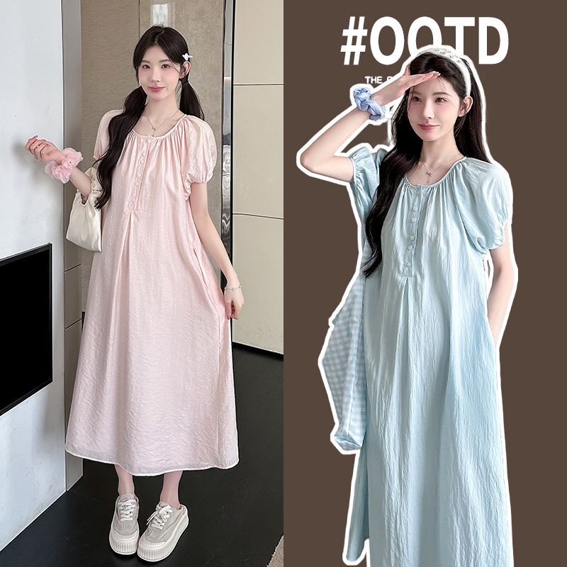 Maternity Dress for Summer, Round Neck, Puff Sleeves, Summer Dress That Covers the Belly Without Showing Pregnancy, High-End Maternity Wear Maternity Dress for Summer, Round Neck, Puff Sleeves, Summer Dress That Covers the Belly Without Showing Pregnancy, High-End Maternity Wear