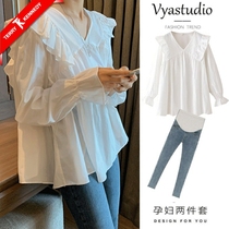Maternity Spring Clothes Set Fashion Baby Doll Shirt 2024 New Jeans Two-piece Set Shirt Top Covers Buttocks