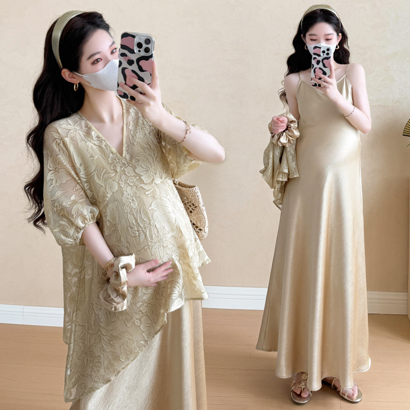 Fortune Flower Maternity Suit, Satin Skirt for Outerwear, Summer Thin Style, French-Style Maternity Dress, Light Luxury and High-End Feel