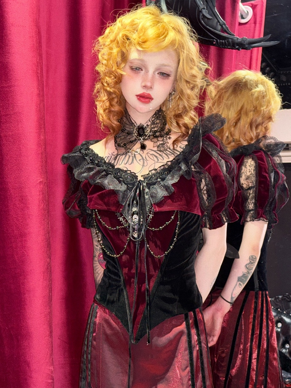 Made in Hell | Darkinlove Gothic Gorgeous Lace Mesh Puff Sleeve Velvet Dark Red Shawl Bw165