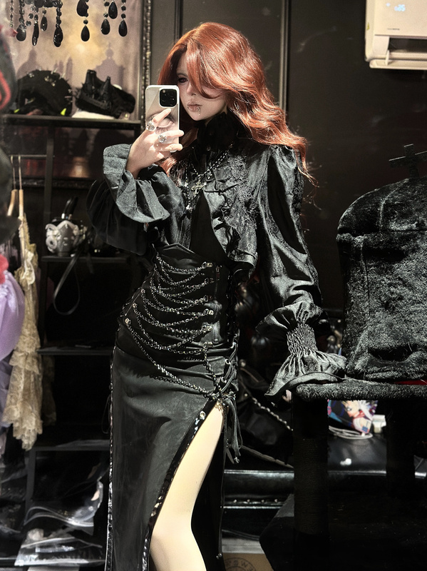 Made in Hell | Devilfashion Gothic Dark Ruffled Patchwork Stand-Up Collar Shirt Sht12401