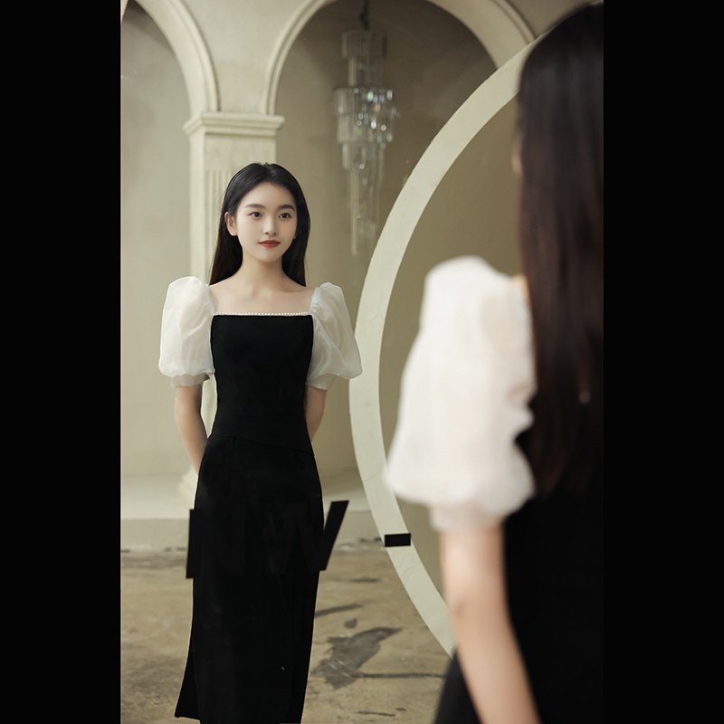 Black French annual meeting evening dress dress women's banquet temperament celebrities light luxury minority high-end design sense usually wear