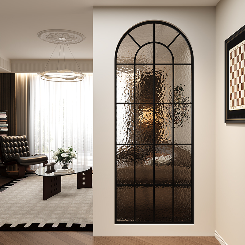 French-Style Wrought Iron Living Room Screen with Glass, Cream-Colored Vintage Faux Window, Water Ripple Arch Partition for Decoration and Privacy