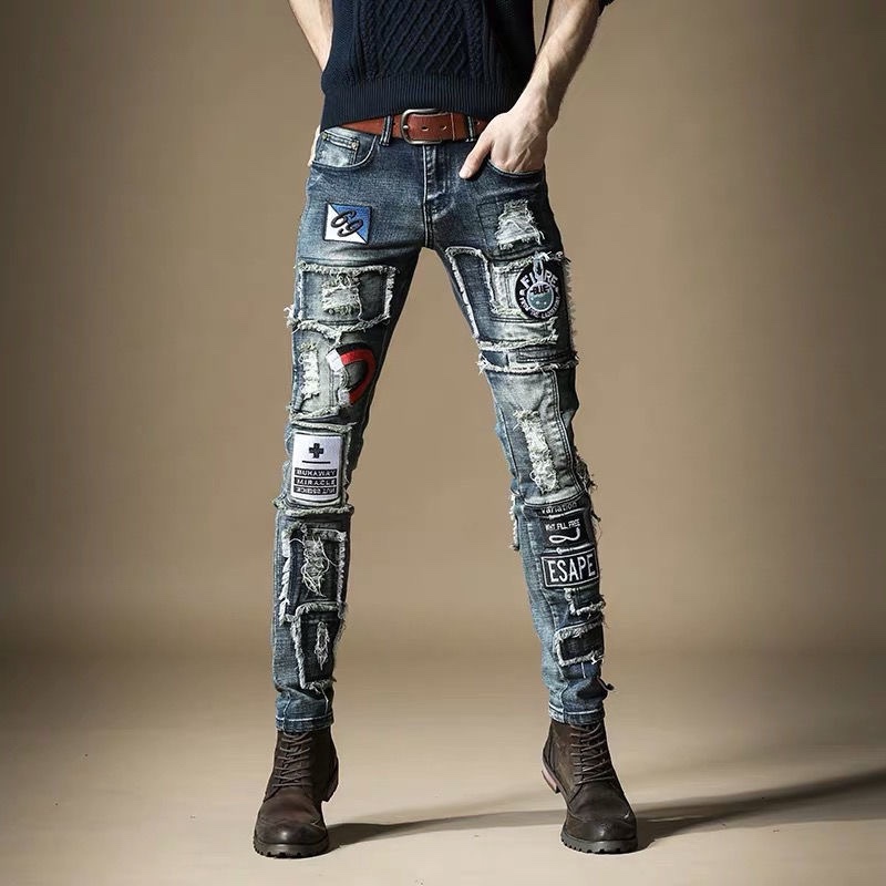 European and American Fashion Ripped Personalized Embroidered Denim Pants Men's European Station Trendyy Retro Nostalgic Slim Stretch Pants