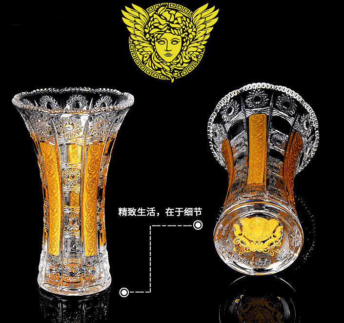 Living room limited-promotion Czech European style inlaid gold medusa crystal vases water pewter glass table face inserts vase