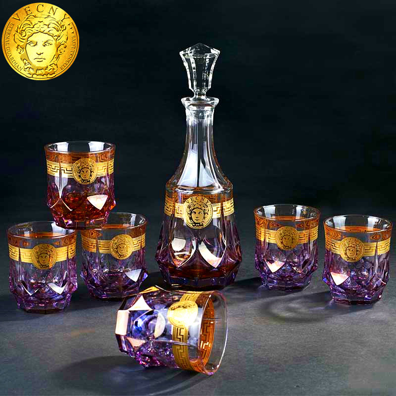 Czech Bohemian Sanskini inlaid gold crystal wine set with whisky wine with wine glasses bottle decanter