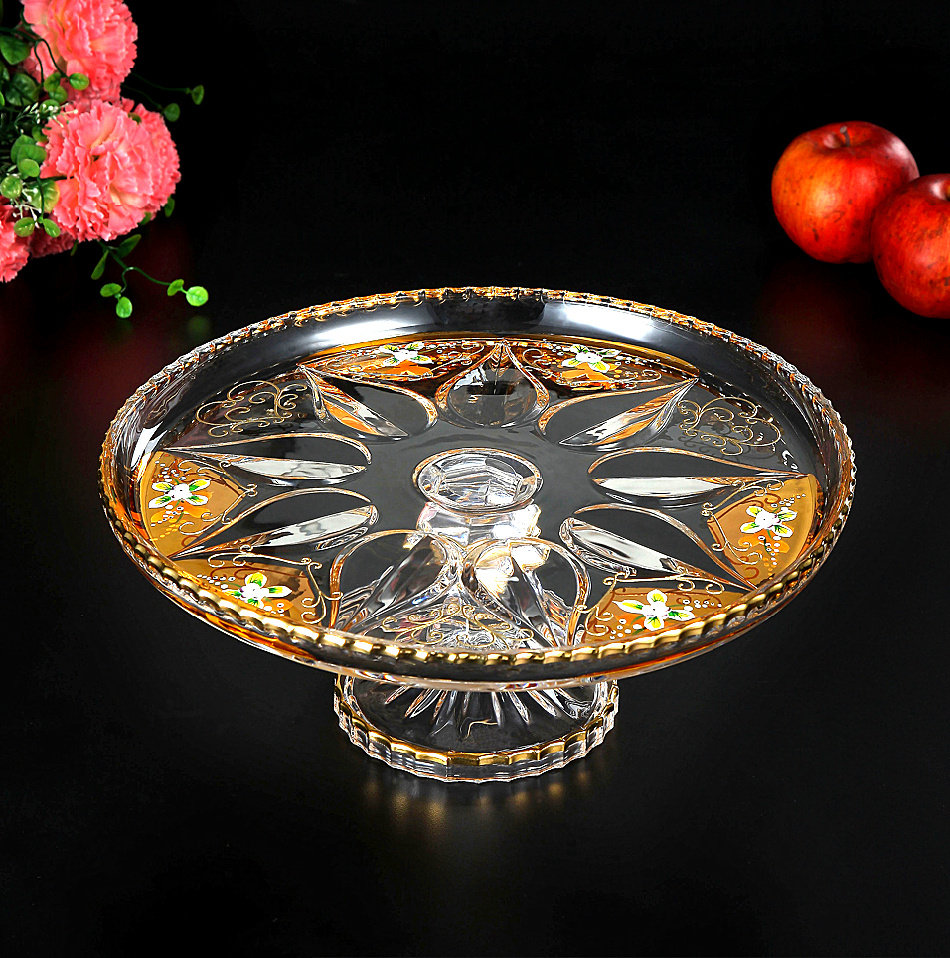 Czech Inlaid Gold Crystal Eurostyle Big Fruit Pan Fruit Pan High-Footed Fruit Pan Fruit Fighting Dry Fruit Pan Round Flat Pan Adornment