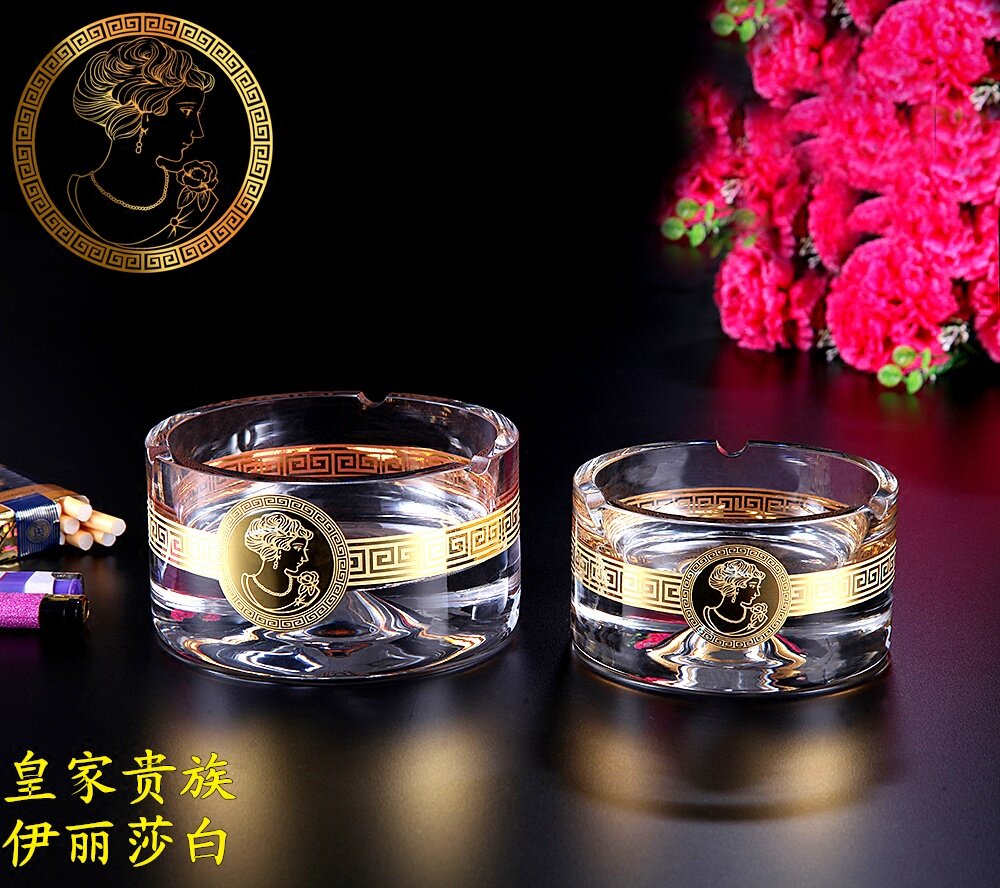 Czech Inlaid Gold Crystal Tobacco Cylinder Eurostyle Office Tobacco Cylinder Hotel Tobacco Ashtray Glass Round Business Cigarette Cylinders