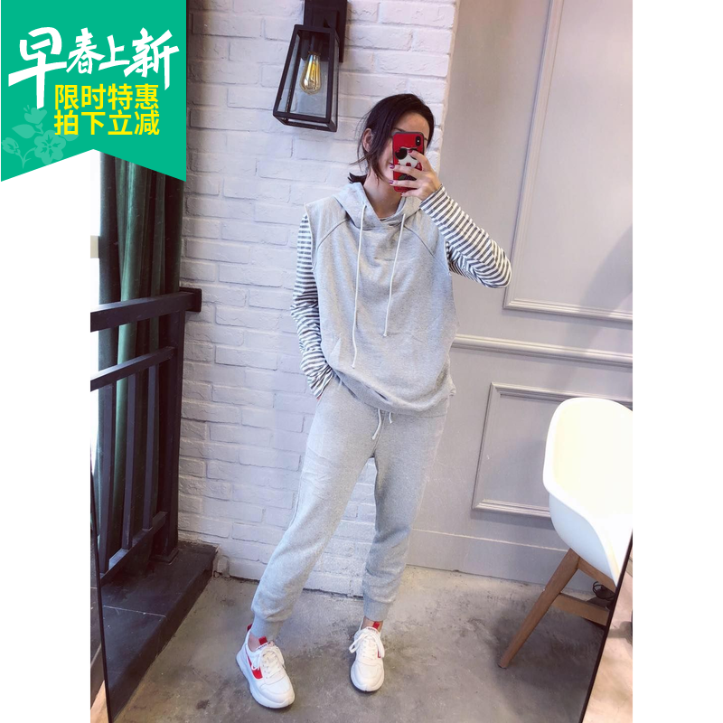 欧洲站2018春季新款女宽松显瘦无袖连帽卫衣套装休闲运动三件套xx