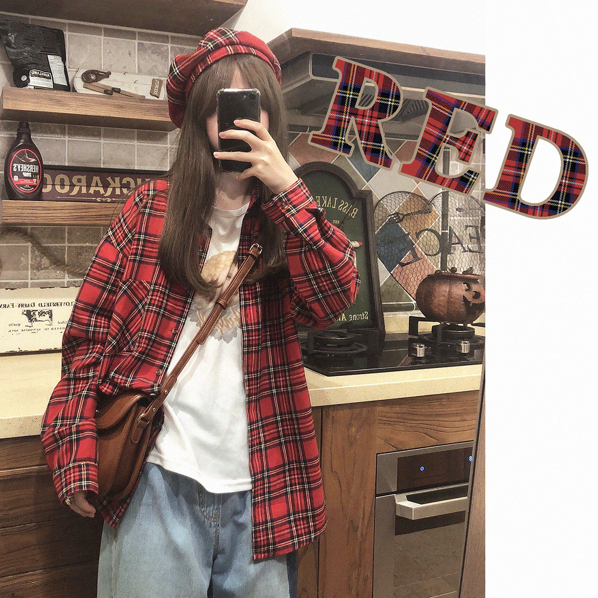 Retro to do old mill wool Scottish red plaid casual 100 lap loose plaid shirt W