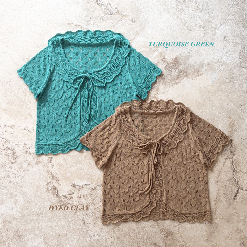 Tt Yarn Lake Green Clay Color Hollow Out Lace Layered Combination Knitted Cardigan K