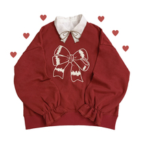 Original printed cute retro bow red loose round neck sweater without velvet H
