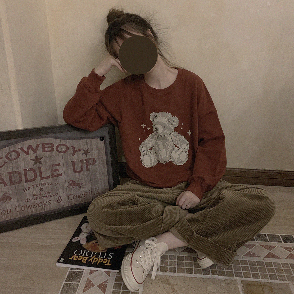 Original printing vintage sense of retro star bear vintage brick red purple loose round neck sweater without velvet H