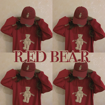 Original print retro cute bear toy red loose round neck sweater without velvet H