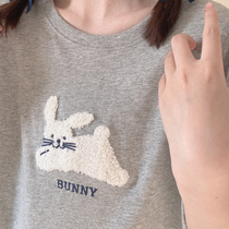 Jump Small Rabbit Towel Embroidery Positive Shoulder Large Neckline Grey Loose short sleeve T-shirt 100 lap bottom W