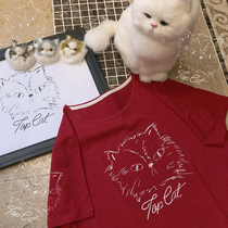 Original angry cat boss Odale red loose short sleeve T-shirt W