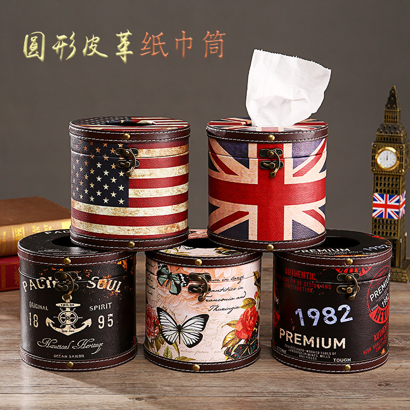 Roll paper box home living room coffee table desktop creative round leather waterproof retro European-style beauty cylinder tissue box