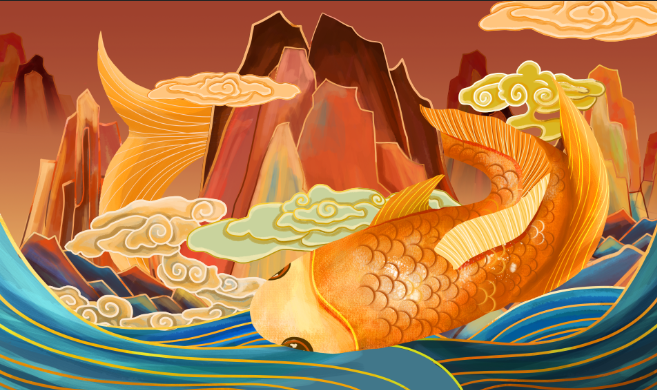 国潮背景墙山水祥