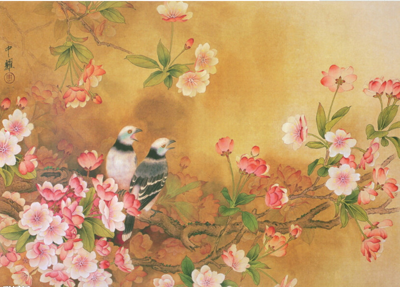 花鸟水彩画背景墙