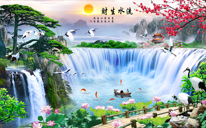 中式瀑布山水仙鹤