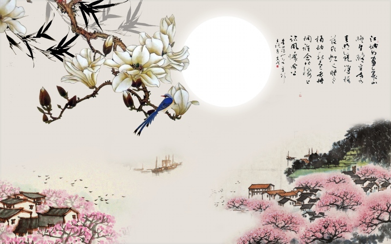 玉兰花水墨山水画