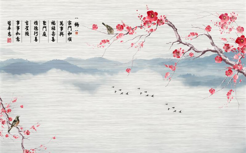 新中式花鸟梅花背