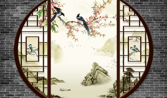 山水花鸟砖墙圆窗